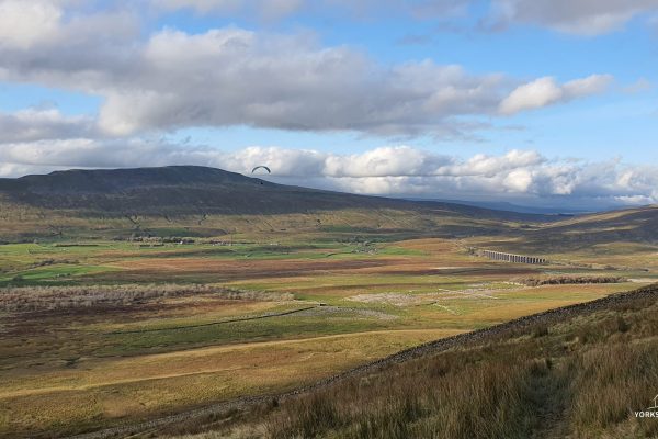View from Ingleborough overlooking Whernside and Ribblehead viaduct.